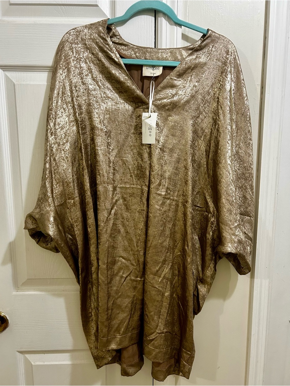 Umgee Metallic Gold Foil Liquid Shimmer Oversized Tunic Dolman Top XL